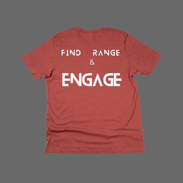 RS Grunge Logo, Find Range & Engage (White, Pocket & Back) - Tee (Rust)