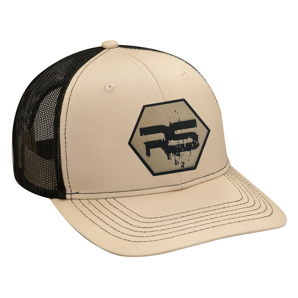 RS Grunge Logo (Laser Engraved Hexagon Patch) - Hat (Khaki/Black, Trucker, Mesh)