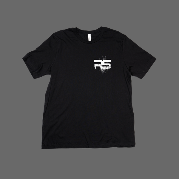 RS Grunge Logo, Find Range & Engage (White, Pocket & Back) - Tee (Black)